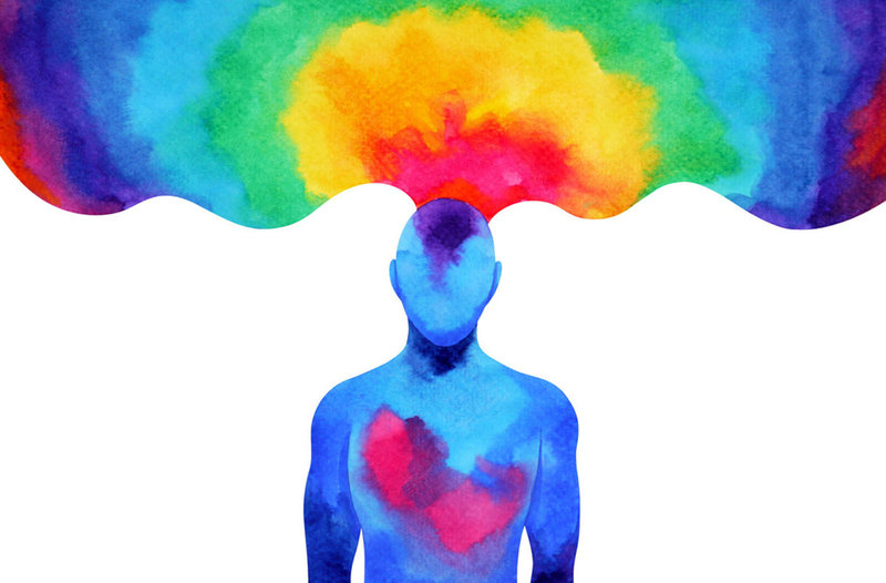 This is a watercolor picture that includes an upper part of a human with masculin body features. This body is filled with shades of blue and around the heart area, there are shades of pink. There is a rainbow colored bubble coming out of this body's head. 