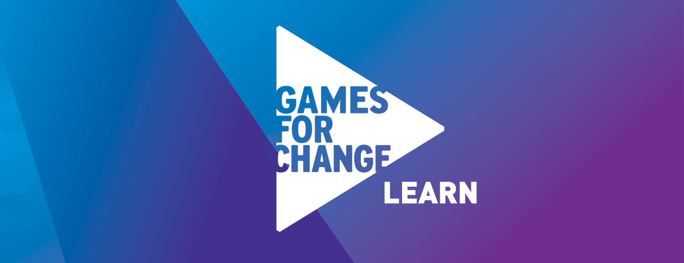 A bluish purple background with "Gamed For Change Learn" written in a white triangle.