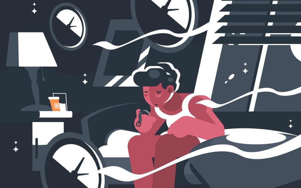 illustration of a man in bed staring at his watch, unable to fall asleep.
