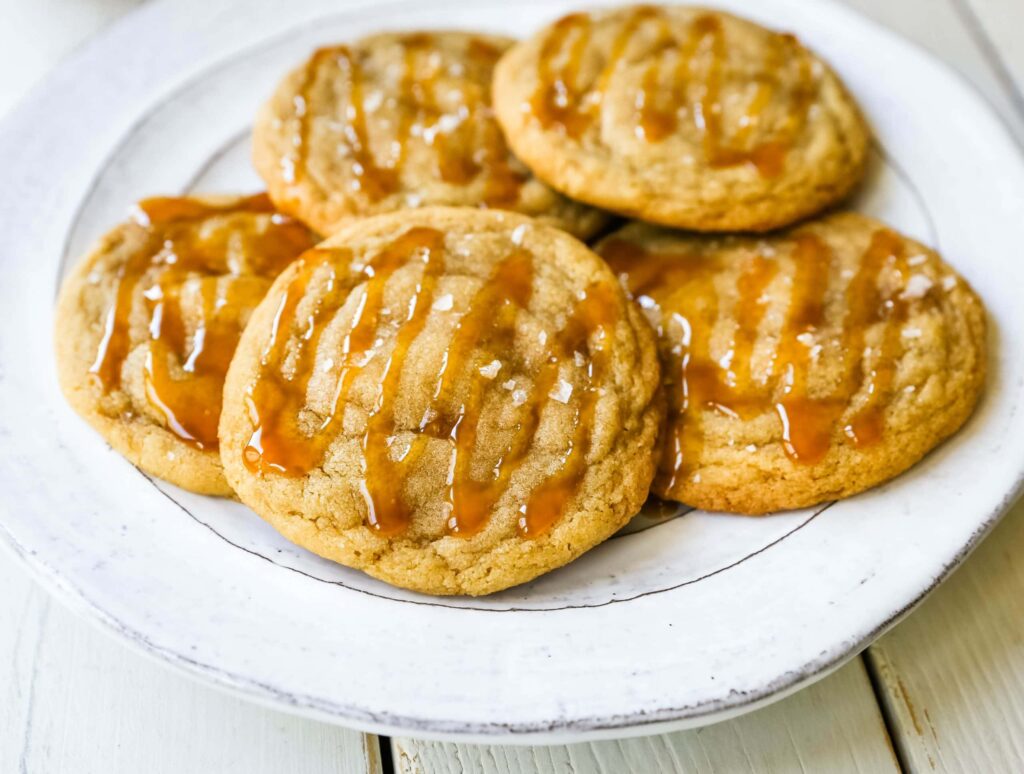  Image of 5 salted caramel cookies with caramel sauce 