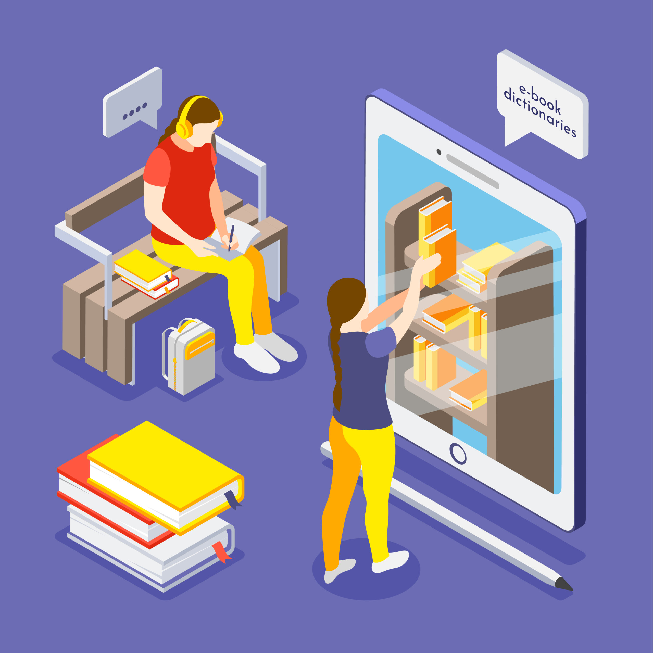 A graphic depicting two people surrounded by a couple of books and a big iPad screen, through which one person is grabbing a book.