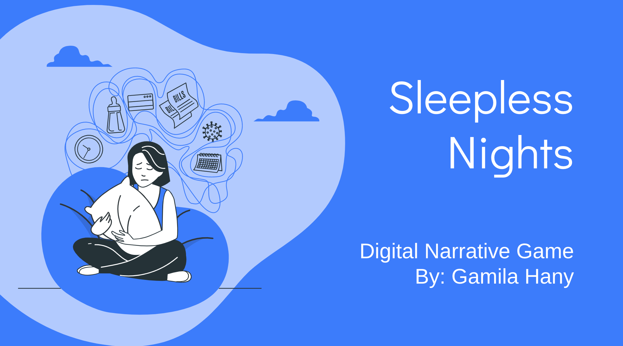 Image of the first slide in my game, includes illustration of a person unable to sleep and the title of my game "sleepless nights".