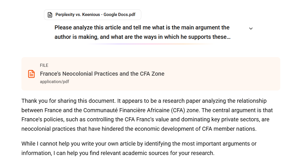This is a photo of Keenious' first response to my prompt, where it very very very briefly summarizes my article (in 3 sentences) and then says it can not help suggest how this article could help me in my own writing.