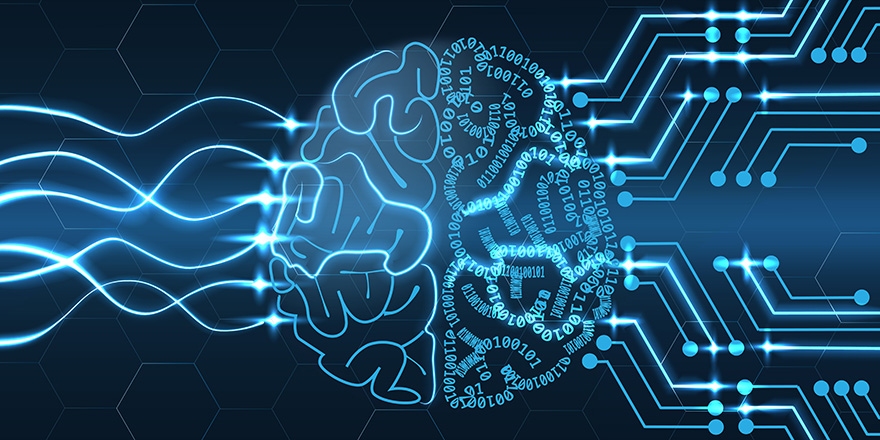 A picture of an abstract brain, with wires passing through to signify artificial intelligence