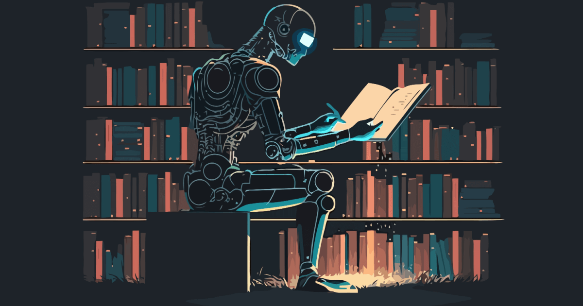 The image shows a robot holding a book (displaying AI and research strong link across every possible field)