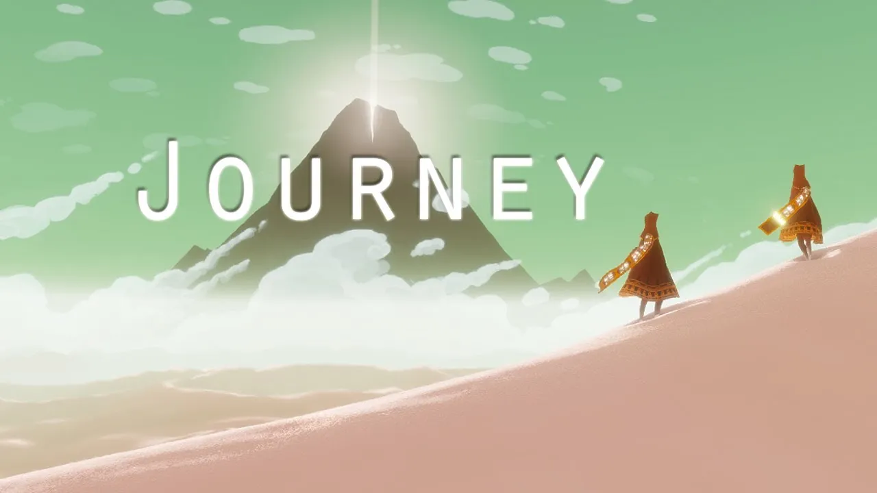 The image shows two mysterious figures walking through a desert and the words "Journey"