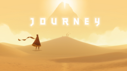 The image shows a desert and a figure clothed in a red robe with the words "journey"