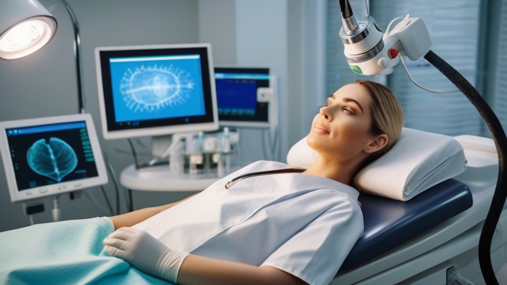 The image shows a woman sitting on a bench at a doctor's clinic.