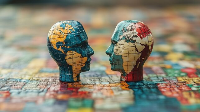Two heads facing each other made out of puzzles of the world map sitting on top of a normal puzzle of the world map.