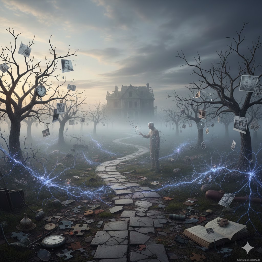 An old man standing on a broken path leading to a house. The path is littered with books, puzzle pieces, images, dead trees, and clocks. There is lightning bolts in the front of the image and a very cloudy sky. The old man is fading from existence.