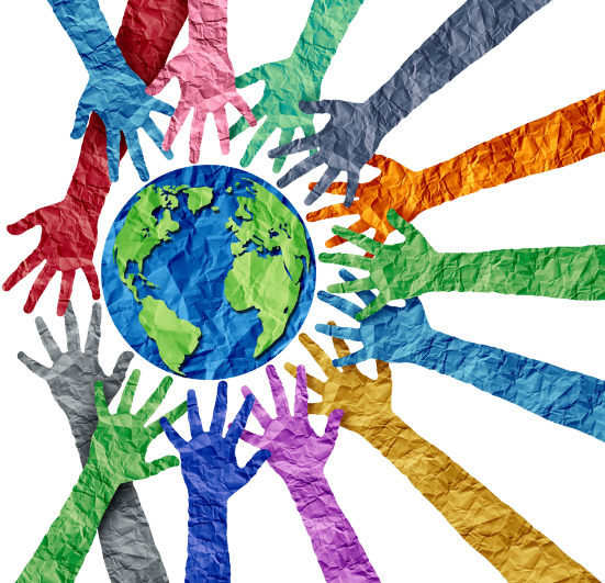 colorful hands around a globe