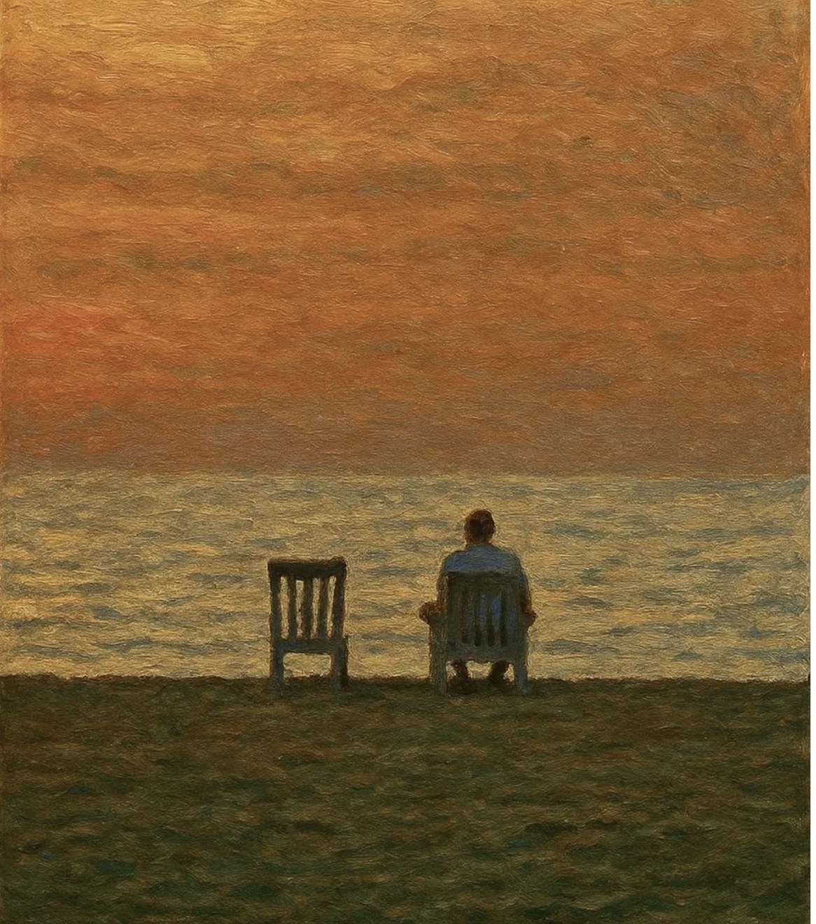 A person sits alone in a chair facing the ocean at sunset, with an empty chair beside them, evoking stillness and quiet reflection.
