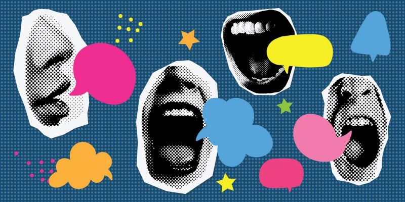 This image is a collection of different mouths with speech bubbles showing speech. Each bubble is a different colour and shape showing diversity in languages